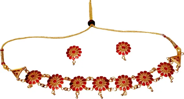Assamese_Traditional_Gold_Plated_Red_Colour_Golpata_Necklace_Set_For_Women